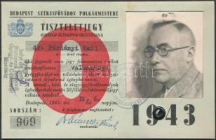 1943 Tiszteletjegy a székesfőváros valamennyi gyógyfürdőjének szolgáltatásait igénybe venni, arcképes, 8x12cm