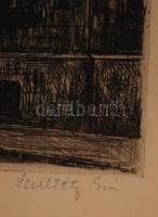 Scultéty Éva (1917-2001): A szegedi Fekete ház. Rézkarc, papír, jelzett, üvegezett keretben, 29×36 c...