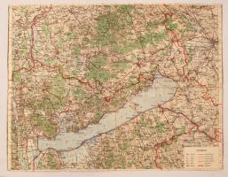 cca 1930 a Balaton tágabb környékének térképe, 1:200000, Magyar Királyi Állami Térképészeti Intézet, a hajtások mentén kis szakadásokkal, a tetején vágott, 55×42 cm