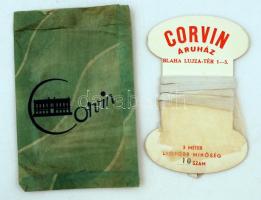 Corvin Áruház reklámos papírra feltekert gumiszalagja, papírzacskóban
