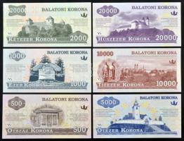 2012. Balatoni Korona helyi pénz sorozat: 500K MINTA + 1000K MINTA + 2000K MINTA + 5000K MINTA + 10.000K MINTA + 20.000K MINTA, mindegyik MINTA felülbélyegzéssel hátlapon T:I