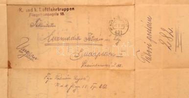 1918 Fejes Kálmán (?-?), a cs. és kir. légierő 18. repülőszázad katonai térképrajzolójának levele ba...