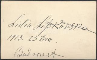 Lidia Lipkovska (1884-1955) orosz, virtuóz koloratúrszoprán operaénekesnő saját kezű aláírása. Dátumozással (1913. Dec. 23., Budapest) Autograph signature of Lidia Lipkovska russian opera singer.