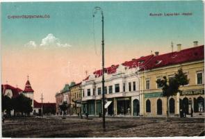 Gyergyószentmiklós, Gheorgheni; Kossuth Lajos tér, Borsos Árpád és Cziffra József üzlete / square, shops