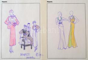 Jelzés nélkül: Divatrajzok. 11 db, pauszpapír, vegyes technika, 31x24 cm