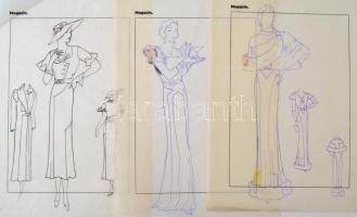 Jelzés nélkül: Divatrajzok. 11 db, pauszpapír, vegyes technika, 31x24 cm