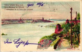 1900, Belgrade, Belgrád; Száva torkolat, Sava river at Beograd, litho s: Heyer