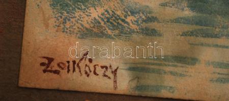 Zorkóczy jelzéssel: Pihenő a tóparton. Tempera, papír, sérült, üvegezett keretben, 18×24 cm