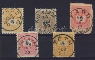 1889-1898. FADD, GYULAVÁRI, KIS-VÁRDAI, TÉTH, VÉSZTŐ bélyegzések 5db krajcáros bélyegen (Gudlin 220p)