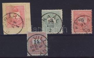 1881-1898. KAÁL, KÉMES, SZIRÁK, VILLÁNY bélyegzések 4db bélyegen (Gudlin 290p)