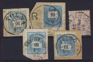 1881-1898. TOLNA, HAJÓS, NAGY-BAJOM, F.IREG bélyegzések + vasúti bélyegzések 5db bélyegen (Gudlin 290p)