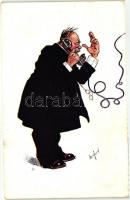 6 db Carl Josef művészlap, telefonáló férfi képeslap sorozat, B.K.W.I. 411-1-től 6-ig / 6 Carl Josef art postcards, man on telephone postcard series, B.K.W.I. 411-1., 2., 3., 4., 5., 6.