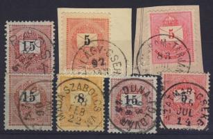 1881-1898. RECSK, SZILÁGYISEH, KOMÁROM-TARJÁNI, PAKS, MADA-SZABOLCS, DUNAFÖLDVÁR, SZATMÁRCSEH bélyegzések 7 KRAJCÁROS bélyegen (Gudlin 295p)