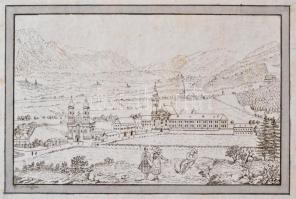 Peter Schaffer osztrák festő beazonosítatlan várost ábrázoló metszete. XVIII. század. Papír. 24x17 c...