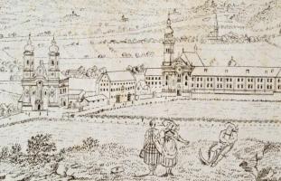 Peter Schaffer osztrák festő beazonosítatlan várost ábrázoló metszete. XVIII. század. Papír. 24x17 c...