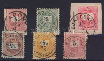 1881-1898. ABONY, (ÉR)-SZENTMIHÁLY, UJKÉCSKE, REDICS, BUDAPEST AKADÉMIA V, RÁCZ-PETRE bélyegzések krajcáros bélyegeken (Gudlin 325p)