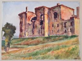 Sostarics Lajos (1896-1968): Kiscelli romtemplom, akvarell, papír, jelzett, 20,5×27,5 cm