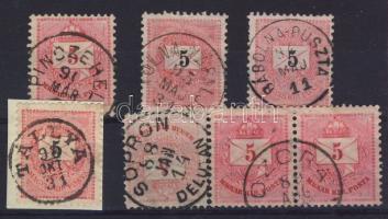 1881-1898. PINCZEHELY, TOLNA-VÁRALJA, BÁBOLNA-PUSZTA, TÁLLYA, SOPRON, OZORA bélyegzések krajcáros bélyegeken (Gudlin 335p)