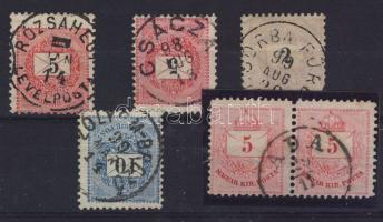 1881-1898. ROZSAHEGY, CSÁCZA, CSORBA FÜRDÓ, ZÓLYOM BREZÓ, ADA bélyegzések krajcáros bélyegeken (Gudlin 230p)
