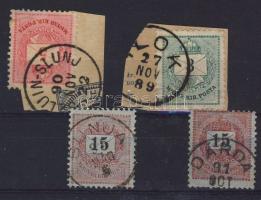 1881-1889. SZLUIN-SLUNJ, ILOK, SUNJA, DÁRDA bélyegzések 4 bélyegen (Gudlin 320p)