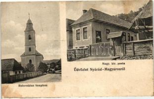 Nyárádmagyarós, Magherani; Magyar királyi posta, Református templom, kiadja Széll Gizella / post office, Calvinist church (EK)