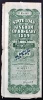 Budapest 1924. &quot;A Magyar Királyság 1924. évi államkölcsöne&quot; kötvény 1000$-ról, bélyegzésekkel, angol és magyar nyelven, igazolással a &quot;Pénzintézeti Központ, Deviza és Letétosztály&quot;-tól T:III