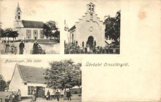 Oroszlány, templomok, Aspermayer féle üzlet, kiadja Aspermayer Péter (fa)