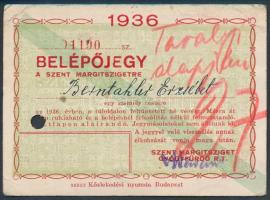 1936 Belépőjegy a Szent Margitszigetre, 7x9cm