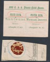 1877 Pesti Bank boríték okmánybélyeggel (15kr.), erősen töredezett viaszpecsét, 12x15cm