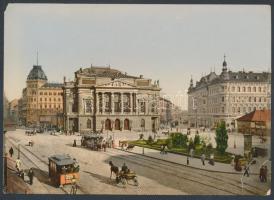 cca 1880-1900 Budapest, Blaha Lujza tér, A Népszínház, omnibusz, Calderoni és Társa, hidegpecséttel jelzett, szakadásokkal, színes kép, 12x17 cm