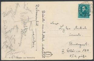 1937 Az FTC csapattagjainak aláírása a Debrecenből küldött képeslapon(Tátrai Sándor, Korányi, Székel...