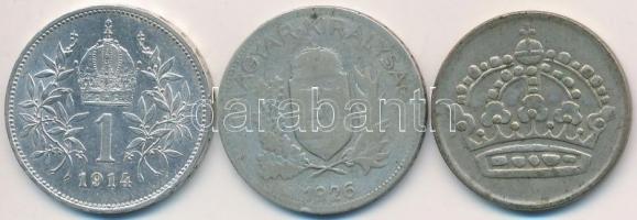 Vegyes: Ausztria 1914. 1K Ag "Ferenc József" + Magyarország 1926. 1P Ag + Svédország 1956T...