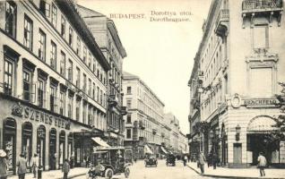 Budapest V. Dorottya utca, Magyar Király Szálloda, Brachfeld üzlete, Szenes Ede üzlete, automobil (EK)
