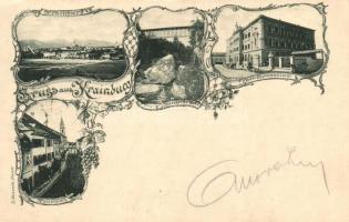 1899 Kranj, Krainburg; Ober Gymnasium, Hauptplatz, Kankerbrücke / grammar school, main square, bridge, floral, Art Nouveau