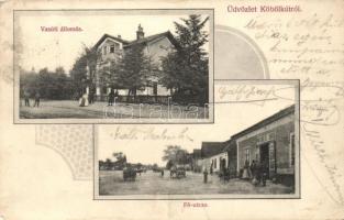 Köbölkút, Gbelce; vasútállomás, Fő utca, Wiesenberg Dávid üzlete és kiadása / railway station, main street, shop (EK)