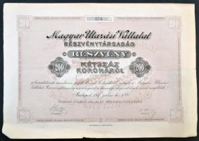 Budapest 1907. Magyar Utazási Vállalat Részvénytársaság részvénye 200K-ról szelvényekkel T:III kis szakadás