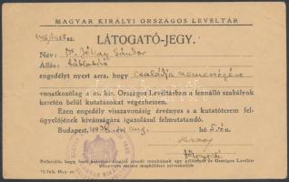 1938 Bp., Magyar Királyi Országos Levéltár látogatójegye