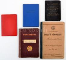 1916-1989 Kis okmány tétel: munkakönyv, szakszervezeti tagsági könyv, MÁV arcképes igazolvány, elemi népiskolai könyvecske, 5 db