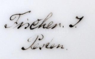 cca 1880 Fischer Ignác Pest mokkás csésze és alj, kézzel festett, festék lepattanásokkal, jelzett