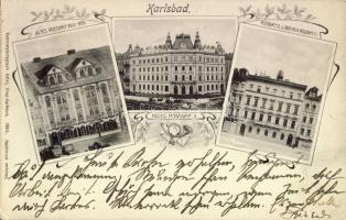 Karlovy Vary, Karlsbad; Altes und Neues Postamt / old and new post office, post horn, letters Art Nouveau