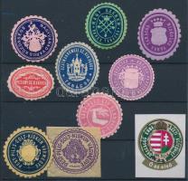 Városok 9 db klf pecsétbélyeg + Országos Erdészeti Egyesület öntapadós bélyeg