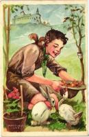 A cserkész szereti a természetet, jó az állatokhoz... Cserkész levelezőlapok kiadóhivatala / Hungarian scouting art postcard s: Márton L.