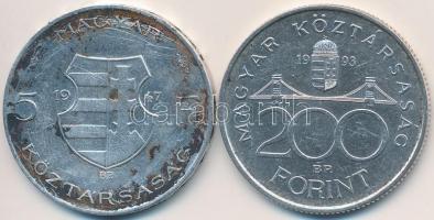 1947. 5Ft Ag "Kossuth" + 1993. 200Ft Ag "MNB" T:2,2-,3 mérsékelt patina
Adamo F...