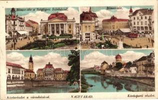 Nagyvárad, Oradea; Bémer tér, Szigligeti színház, városháza, Kőrös, zsinagóga / square, theatre, town hall, river , synagogue (EK)