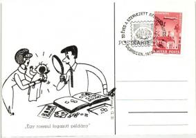 25 db MODERN gúnyos-humoros grafikai lap a bélyeggyűjtőkről, 1975 "50 éves a szervezett bélyegg...