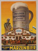 cca 1940-1950 A müncheni Oktoberfest plakátja, rajta a Paulaner-Thomasbräu München reklámjával, hajtásnyomokkal, kis lyukakkal, 57x40 cm