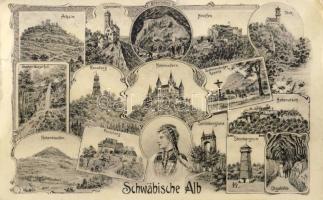 Swabian Jura, Schwäbische Alb; Achalm, Lichtenstein, Nebelhöhle, Rossberg, Neuffen, Teck, Hohenzollern, Rechberg, Hohenstaufen, Olgahöhle, Schönbergturm, Sternbergturm (b)