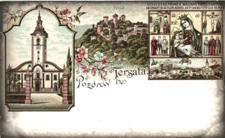 Fiume, Trsat, Tersat; church, castle, religious floral, litho (cut)
