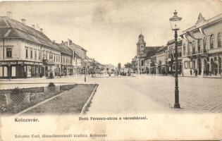 Kolozsvár, Cluj; Deák Ferencz utca, városháza, Tamási Tamás és fia üzlete, kiadja Schuster Emil / street, town hall, shops (EK)