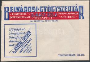 cca 1930-43 Belvárosi Gyógyszertár receptboríték 2db recepttel, 8x12cm